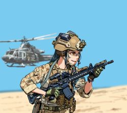 Rule 34 | 1girl, aircraft, assault rifle, belt, belt pouch, black hair, blurry, blurry background, brown eyes, brown headwear, bulletproof vest, camouflage, camouflage jacket, chin strap, commentary, commentary request, desert camouflage, english commentary, glasses, gloves, green gloves, gun, headphones, helicopter, helmet, highres, holding, holding gun, holding weapon, holstered, jacket, long hair, long sleeves, microphone, military, combat helmet, mixed-language commentary, original, outdoors, pouch, rifle, sidelocks, sleeves rolled up, soldier, solo, tactical clothes, trigger discipline, tudou jun, uh-1 iroquois, upper body, watch, weapon, weapon request, wristwatch