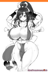 Rule 34 | 1girl, armpits, arms up, bouncing breasts, breasts, center opening, cleavage, curvy, fatal fury, groin, high ponytail, huge breasts, light smile, long hair, looking at viewer, monochrome, ninja, no bra, pelvic curtain, rebis, revealing clothes, rope, shiranui mai, sideboob, simple background, snk, solo, strap gap, sweat, the king of fighters, thick thighs, thighs, white background, wide hips