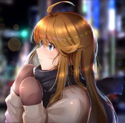 Rule 34 | 1girl, absurdres, ahoge, blue eyes, blurry, blush, bokeh, brown hair, coat, depth of field, highres, homco, idolmaster, idolmaster million live!, idolmaster million live! theater days, long hair, looking to the side, mittens, parted lips, profile, scarf, solo, swept bangs, tokoro megumi, upper body, winter, winter clothes, winter coat