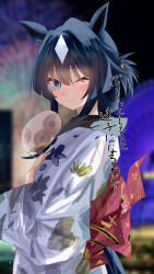 Rule 34 | 1girl, absurdres, alternate costume, alternate hairstyle, animal ears, blurry, blurry background, blush, breasts, hair between eyes, hair ornament, highres, horse ears, horse girl, japanese clothes, kimono, kirameki (rikukaikuu), looking at viewer, mole, mole under eye, one eye closed, solo, translation request, umamusume, verxina (umamusume), yukata