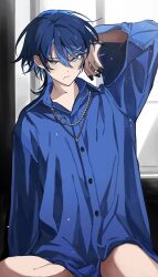 Rule 34 | 1girl, androgynous, arm up, black nails, blue eyes, blue hair, blue shirt, closed mouth, hair between eyes, highres, hiodoshi ao, hololive, hololive dev is, jewelry, long sleeves, looking at viewer, mole, mole under mouth, necklace, no pants, oversized clothes, oversized shirt, planetzer 0, shirt, short hair, sitting, solo, virtual youtuber