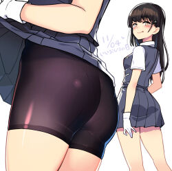Rule 34 | 1girl, ass, bike shorts, bike shorts under skirt, black hair, black shorts, brown eyes, clothes lift, collared shirt, dated, dress shirt, feet out of frame, from behind, good ass day, grey skirt, grey vest, hayashio (kancolle), highres, kantai collection, lifted by self, long hair, looking at viewer, mole, mole under eye, multiple views, panties under bike shorts, pantylines, pleated skirt, school uniform, shirt, shorts, simple background, skirt, skirt lift, smile, taketora suzume, vest, white background, white shirt, zoom layer