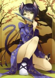 Rule 34 | 1girl, absurdres, animal ears, bell, black hair, cat ears, cat tail, china dress, chinese clothes, dress, highres, knife, legs, on one knee, open mouth, original, ryou (kimagure), sheath, socks, solo, squatting, sword, tail, weapon, yellow eyes