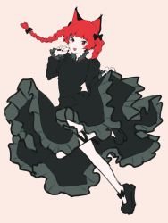 Rule 34 | 1girl, :d, animal ears, black bow, black footwear, black nails, black ribbon, blunt bangs, bow, braid, breasts, cat ears, dress, floating hair, footwear bow, frills, full body, green dress, hair bow, hair ribbon, hands up, highres, kaenbyou rin, leg ribbon, long hair, looking at viewer, nail polish, open mouth, pink background, red eyes, red hair, ribbon, simple background, sketch, small breasts, smile, solo, somei ooo, standing, standing on one leg, touhou, tress ribbon, twin braids, twintails