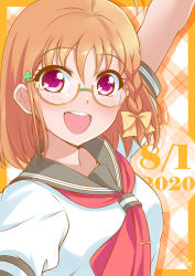 Rule 34 | 1girl, absurdres, ahoge, artist name, artist request, bb/bj, blouse, blush, bow, braid, breasts, bunji, clover hair ornament, collarbone, detached sleeves, female focus, glasses, hair bow, hair ornament, hairclip, highres, long sleeves, looking at viewer, love live!, love live! sunshine!!, orange hair, parted lips, red eyes, red neckwear, ribbon, sailor collar, school uniform, shirt, short hair, side braid, small breasts, smile, solo, takami chika, white shirt, yellow bow