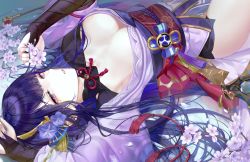 Rule 34 | 1girl, a0lp, breasts, flower, genshin impact, hair flower, hair ornament, highres, holding, holding flower, large breasts, long hair, looking at viewer, mole, mole under eye, nail polish, open mouth, pink flower, purple eyes, purple flower, purple hair, purple nails, raiden shogun, smoking pipe, traditional clothes
