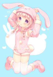 Rule 34 | 1girl, :p, animal ears, animal hood, arms up, blush, boots, braid, closed mouth, commentary request, detached sleeves, fingernails, full body, fur-trimmed sleeves, fur trim, hair over shoulder, head tilt, heart, hood, hood up, hoodie, looking at viewer, low twintails, onesie, original, pink eyes, pink footwear, pink hair, pink hoodie, pocket, polka dot, polka dot footwear, polka dot hoodie, polka dot sleeves, rabbit ears, rabbit hood, rabbit tail, smile, solo, star (symbol), tail, tareme, thighhighs, tongue, tongue out, twin braids, twintails, usashiro mani, white thighhighs