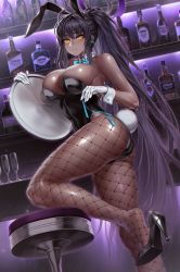 Rule 34 | 1girl, absurdres, ahoge, animal ears, armpits, ass, bare arms, bare shoulders, black hair, black leotard, blue archive, bow, bowtie, breasts, cleavage, dark-skinned female, dark skin, detached collar, fake animal ears, fake tail, fishnet pantyhose, fishnets, foot out of frame, gloves, halo, high heels, highleg, highleg leotard, highres, holding, huge ass, karin (blue archive), karin (bunny) (blue archive), large breasts, leotard, long hair, looking at viewer, pantyhose, playboy bunny, ponytail, rabbit ears, rabbit tail, shiny clothes, shiny skin, shoe dangle, solo, standing, strapless, strapless leotard, sweat, tail, thighs, thong leotard, traditional bowtie, tray, twisted torso, vana, very long hair, white gloves, wide hips, wrist cuffs, yellow eyes