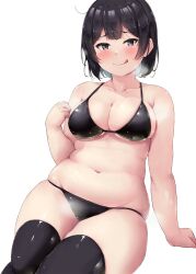 Rule 34 | 1girl, bikini, black bikini, black eyes, black hair, blush, breasts, cleavage, highres, large breasts, looking at viewer, messy hair, original, plump, shinonon (iso shino), short hair, sitting, smile, solo, swimsuit, thick thighs, thighhighs, thighs, tongue, tongue out