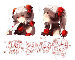 Rule 34 | ^^^, 1girl, bare shoulders, chibi, expressions, face, flower, hair flower, hair ornament, hair ribbon, horns, long hair, looking at viewer, pixiv fantasia, pixiv fantasia 5, quill, red eyes, red rose, rella, ribbon, rose, sidelocks, silver hair, solo, staring, tears, twintails