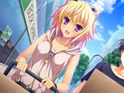 Rule 34 | 1boy, 1girl, animal ears, bare shoulders, blonde hair, blush, bracelet, breasts, byoubu tetora, cat ears, cat tail, city, fang, game cg, gradient hair, highres, jewelry, looking at viewer, multicolored hair, otomimi infinity, outdoors, purple eyes, shopping, sky, tail, zipper
