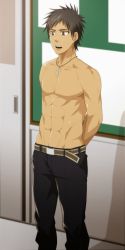 Rule 34 | 1boy, abs, brown hair, classroom, hihumi, male focus, muscular, muscular male, original, school, solo focus, topless male, undressing