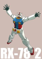 Rule 34 | absurdres, brown background, character name, falling, gundam, highres, ishiyumi, mecha, mobile suit, mobile suit gundam, no humans, open hands, orange eyes, robot, rx-78-2, simple background, solo, v-fin