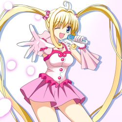 Rule 34 | 00s, 1girl, blonde hair, blue eyes, breasts, female focus, gloves, gradient background, idol, long hair, mermaid melody pichi pichi pitch, microphone, miru, nanami lucia, one eye closed, solo, twintails, wink