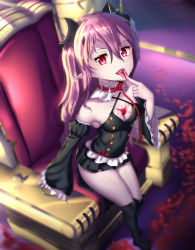 Rule 34 | 10s, 1girl, bad id, bad pixiv id, bare shoulders, black footwear, black hair, blood, blood in mouth, boots, chair, detached sleeves, fangs, hair ornament, highres, hk (hk), juliet sleeves, knee boots, krul tepes, long sleeves, looking at viewer, original, owari no seraph, pink hair, pointy ears, puffy sleeves, red eyes, revision, sitting, slit pupils, solo, spilling, thighs, vampire