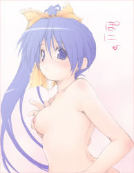Rule 34 | 00s, 1girl, bow, breasts, female focus, itou noemi, moyuru, nipples, purple eyes, purple hair, side ponytail, small breasts, solo, topless, topless frame, with you, yellow bow
