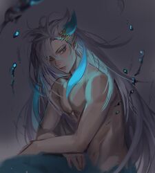 Rule 34 | 1boy, bishounen, blue hair, bubble, closed mouth, ddu39391, expressionless, fins, fish tail, genshin impact, grey background, grey eyes, long hair, male focus, merman, monster boy, multicolored hair, muscular, muscular male, neuvillette (genshin impact), pectorals, solo, tail, white hair