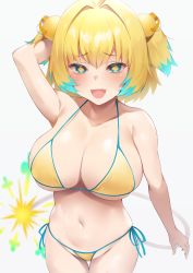 Rule 34 | + +, 1girl, arm up, bare arms, bare shoulders, bikini, blonde hair, blue eyes, blue hair, blush, bombergirl, breasts, cleavage, commentary request, cowboy shot, explosive, fangs, fuse, grenade, grenade hair ornament, groin, hair bobbles, hair intakes, hair ornament, halterneck, highres, huge breasts, lit fuse, looking at viewer, multicolored hair, navel, open mouth, pine (bombergirl), short hair, simple background, skin fangs, smile, smug, solo, string bikini, swimsuit, symbol-shaped pupils, twintails, two-tone hair, usa b, white background, yellow bikini, yellow pupils