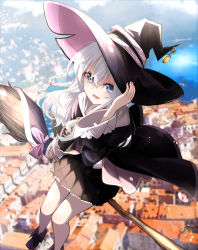Rule 34 | 1girl, absurdres, black footwear, black hat, black robe, black skirt, blue eyes, blurry, blurry background, blush, bow, braid, broom, broom riding, building, city, cityscape, commentary request, day, depth of field, elaina (majo no tabitabi), feet out of frame, frilled skirt, frills, grey hair, hair between eyes, hair bow, hand on headwear, hat, highres, long hair, long sleeves, looking at viewer, majo no tabitabi, natsupa, neck ribbon, ocean, open mouth, outdoors, pink bow, pleated skirt, ribbon, robe, single braid, skirt, solo, town, wide sleeves, witch, witch hat, yellow ribbon