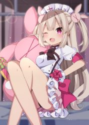 Rule 34 | bare legs, blouse, blurry, commentary request, crossed legs, depth of field, fang, frilled skirt, frills, hair between eyes, hair ornament, heart, heart-shaped pupils, highres, long hair, natori sana, nurse, one eye closed, rabbit hair ornament, sana channel, sapphire (sapphire25252), shirt, skirt, solo, stuffed animal, stuffed rabbit, stuffed toy, symbol-shaped pupils, teddy bear, twintails, two side up, very long hair, virtual youtuber, white shirt