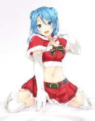 Rule 34 | 10s, 1girl, :d, aito (indigorabbit), alternate costume, blue eyes, blue hair, bow, breasts, capelet, double bun, elbow gloves, gloves, highres, kantai collection, kneeling, large breasts, looking at viewer, midriff, navel, open mouth, santa costume, smile, solo, spread legs, thighhighs, urakaze (kancolle)