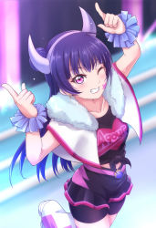Rule 34 | 1girl, bike shorts, black shirt, black shorts, blurry, blurry background, clothes writing, collarbone, demon horns, earrings, fake horns, fur collar, grin, group name, hairband, hands up, heart, heart print, horns, index finger raised, jewelry, kanabun, long hair, looking at viewer, love live!, love live! school idol festival, love live! sunshine!!, miracle wave, one eye closed, print shirt, purple eyes, purple hair, purple hairband, shirt, short shorts, shorts, shorts under shorts, smile, solo, tied shirt, tsushima yoshiko