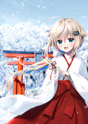 Rule 34 | 1girl, :d, ahoge, arrow (projectile), bell, blonde hair, blue eyes, blue hair, blue sky, blush, cat hair ornament, commentary request, day, fang, hair ornament, hakama, hakama skirt, hamaya, holding, holding arrow, indie virtual youtuber, japanese clothes, jingle bell, kimono, long hair, looking at viewer, low ponytail, miko, multicolored hair, open mouth, outdoors, ponytail, red hakama, skirt, sky, smile, snow, snowing, solo, torii, tree, two-tone hair, uchuuneko, uchuuneko (vtuber), very long hair, virtual youtuber, white kimono