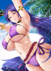Rule 34 | 1girl, armlet, armpits, arms behind head, arms up, bare shoulders, bikini, black gloves, blue sky, blush, breasts, cameltoe, cleavage, collarbone, commentary request, curvy, day, eyepatch bikini, fate/grand order, fate (series), gloves, huge breasts, large breasts, long hair, looking at viewer, low-tied long hair, minamoto no raikou (fate), minamoto no raikou (fate/grand order), minamoto no raikou (swimsuit lancer) (fate), navel, oni-noboru, outdoors, parted bangs, parted lips, purple bikini, purple eyes, purple hair, revision, rope, single glove, sky, smile, solo, standing, stomach, swimsuit, very long hair, wet, wide hips