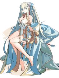 Rule 34 | 1girl, barefoot, bikini, blue ribbon, breasts, chietori, cleavage, closed mouth, commentary request, detached sleeves, fate/grand order, fate (series), flower, grey hair, hair between eyes, hair flower, hair ornament, hair ribbon, highres, invisible chair, large breasts, long hair, looking at viewer, morgan le fay (fate), morgan le fay (water princess) (fate), ponytail, ribbon, sidelocks, simple background, sitting, solo, swimsuit, toes, very long hair, white background, white bikini, white flower, white sleeves