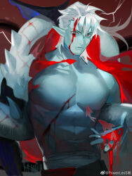 Rule 34 | 1boy, abs, absurdres, bara, blood, blood on face, blood on hands, blue skin, check copyright, colored skin, copyright request, cowboy shot, expressionless, highres, large pectorals, looking at viewer, male focus, medium hair, monster boy, muscular, muscular male, original, pectorals, pointy ears, powerlesssong, sanpaku, solo, spikes, standing, thick eyebrows, topless male, white hair
