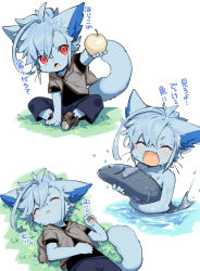 Rule 34 | 1boy, ahoge, animal, animal ears, apple, blue fur, blue hair, blue pants, blush, body fur, cat boy, cat ears, cat tail, child, closed eyes, fangs, fish, food, fruit, grass, highres, holding, holding animal, holding fish, looking at viewer, lying, male focus, on back, on ground, open mouth, pants, partially submerged, pawpads, red eyes, shoes, sleeping, solo, tail, water, wet, whiskers, yadayada