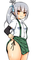 Rule 34 | 1girl, alternate eye color, arm warmers, clothes lift, green skirt, grey hair, highres, kantai collection, kasumi (kancolle), lifting own clothes, long hair, multiple girls, panties, pleated skirt, red eyes, richou (zerozero1101), shirt, short sleeves, side-tie panties, side-tie peek, side ponytail, simple background, skirt, solo, suspenders, underwear, white background, white shirt
