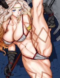 Rule 34 | 1girl, abs, amazon (dragon&#039;s crown), armlet, armor, bikini armor, black gloves, blonde hair, blue eyes, breasts, circlet, dragon&#039;s crown, feather hair ornament, feathers, gloves, hair ornament, highres, igarashi mangou, large breasts, muscular, muscular female, navel, night, night sky, polearm, sky, split, standing, standing on one leg, standing split, star (sky), starry sky, tattoo, thick thighs, thighs, weapon