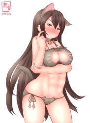 Rule 34 | 10s, 1girl, 2016, abs, animal ears, bare shoulders, bell, neck bell, neck bell, black hair, blush, bra, breasts, cat cutout, cat ear panties, cat ears, cat lingerie, cat tail, choker, cleavage cutout, clothing cutout, collar, commentary request, dated, frilled bra, frills, hands on own chest, highres, kanon (kurogane knights), kantai collection, large breasts, long hair, meme attire, nagato (kancolle), navel, panties, red eyes, ribbon, side-tie panties, solo, stomach, sweatdrop, tail, underwear, underwear only, white background