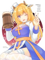 Rule 34 | 1girl, 2021, alcohol, animal ears, animal print, arch bishop (ragnarok online), beer, beer mug, blonde hair, blue dress, blue eyes, blush, braid, breasts, cleavage, cleavage cutout, clothing cutout, commentary request, cow ears, cow horns, cow print, cross, cup, dated, dress, feet out of frame, fishnet thighhighs, fishnets, french braid, frilled thighhighs, frills, happy new year, highres, horns, large breasts, long hair, looking at viewer, mug, new year, one eye closed, open mouth, pelvic curtain, pillbox hat, ragnarok masters, ragnarok online, sash, sitting, smile, solo, thighhighs, tomo-graphy, twitter username, two-tone dress, v, wariza, white dress, white headwear, white thighhighs, yellow sash