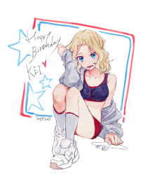 Rule 34 | 1girl, 2020, alternate costume, blonde hair, blue eyes, breasts, character name, dated, girls und panzer, happy birthday, heart, kay (girls und panzer), kneehighs, long hair, looking at viewer, medium breasts, open mouth, red shorts, shoes, shorts, smile, sneakers, socks, solo, soramame (corndog), sports bra, teeth, thighs, white background