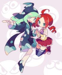 Rule 34 | 1boy, 1girl, ahoge, andou ringo, aqua hair, ascot, black thighhighs, blue eyes, character hair ornament, closed mouth, collared shirt, drill hair, drooling, ecolo (puyopuyo), eyes visible through hair, fang, full body, gloves, green eyes, hair ornament, heart, heart-shaped pupils, holding hands, leg up, legs up, long hair, long sleeves, mouth drool, open mouth, pink pupils, pleated skirt, pointing, purple ascot, puyo (puyopuyo), puyopuyo, red hair, romper, shirt, short sleeves, simple background, skin fang, skirt, sweater vest, symbol-shaped pupils, takashino (noni-nani), thighhighs, turtleneck, twin drills, unusual ecolo, white gloves, white shirt, yellow sweater vest
