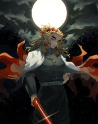 Rule 34 | 1boy, belt, belt buckle, black jacket, blonde hair, blurry, buckle, buttons, cape, closed mouth, cloud, cloudy sky, colored tips, commentary request, feet out of frame, flame print, forehead, forked eyebrows, full moon, gakuran, glint, gradient background, hand on hilt, hands up, highres, holding, holding sword, holding weapon, jacket, katana, kimetsu no yaiba, light smile, long hair, long sleeves, looking at viewer, male focus, moon, multicolored hair, mutsu (621300), night, night sky, orange eyes, red hair, rengoku kyoujurou, school uniform, sidelocks, sky, smile, solo, sword, thick eyebrows, two-tone hair, weapon, white belt, white cape