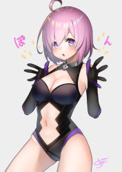 Rule 34 | 1girl, absurdres, ahoge, breasts, cleavage, clothing cutout, cowboy shot, detached sleeves, fate/grand order, fate (series), gloves, hair over one eye, highres, large breasts, leotard, looking at viewer, mash kyrielight, navel cutout, purple gloves, short hair, skoll world, solo