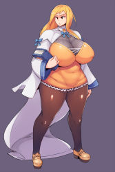 Rule 34 | 1girl, alouette (la pucelle), belly, blonde hair, book, breasts, brown eyes, covered navel, full body, highres, huge breasts, la pucelle, long coat, long hair, pantyhose, plump, purple background, shoes, simple background, solo, standing, thick thighs, thighs, wide hips, zako (arvinry)