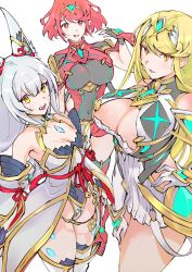 Rule 34 | 3girls, blonde hair, breasts, highres, large breasts, multiple girls, mythra (xenoblade), nia (blade) (xenoblade), nia (xenoblade), pyra (xenoblade), red eyes, red hair, ug333333, xenoblade chronicles (series), xenoblade chronicles 2, yellow eyes