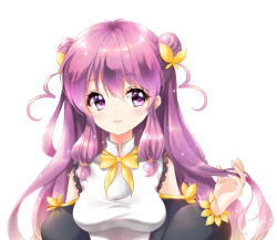 Rule 34 | 1girl, bad id, bad pixiv id, blush, bow, chinese clothes, closed mouth, detached sleeves, double bun, eyebrows, hair between eyes, hair bun, hair ornament, holding, holding own hair, jian (sezuru), long hair, looking to the side, purple eyes, purple hair, ranma 1/2, ribbon, shampoo (ranma 1/2), sidelocks, simple background, smile, solo, spread fingers, white background, yellow bow, yellow ribbon