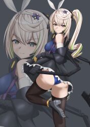 1girl ass ass_focus bare_shoulders blonde_hair blush boots breasts come_hither detached_sleeves dress eugle_na from_behind girls&#039;_frontline girls&#039;_frontline_2:_exilium gloves green_eyes green_hair hair_ribbon hairband long_hair looking_at_viewer multicolored_hair panties ribbon sharkry_(girls&#039;_frontline_2) short_dress side_ponytail sideboob smile solo thighhighs two-tone_hair underwear very_long_hair