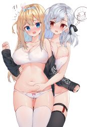 Rule 34 | !?, 2girls, ^^^, absurdres, bad id, bad pixiv id, bare arms, bare shoulders, belly grab, black jacket, black ribbon, blue eyes, blue hairband, blush, boned meat, bow, bow panties, breasts, brown hair, cleavage, collarbone, commentary request, fingernails, fire, food, girls&#039; frontline, gluteal fold, grabbing, grabbing from behind, grey legwear, hair between eyes, hair ornament, hair ribbon, hairband, hand up, head tilt, highres, jacket, large breasts, light brown hair, long hair, long sleeves, meat, multiple girls, navel, nose blush, off shoulder, one side up, open clothes, open jacket, open mouth, panties, pink panties, ribbon, silver hair, sleeves past wrists, snowflake hair ornament, spas-12 (girls&#039; frontline), stomach, suomi (girls&#039; frontline), tandohark, thigh gap, thighhighs, underwear, very long hair, white legwear, white panties, yuri