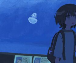 Rule 34 | 1other, androgynous, aquarium, arm at side, backpack, bag, bag charm, blue theme, brown hair, charm (object), commentary, grey eyes, hand up, highres, jellyfish, looking ahead, muji (uimss), original, raised eyebrows, shirt, short hair, short sleeves, sign, smile, solo, t-shirt, tareme, upper body