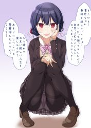 Rule 34 | 1girl, black jacket, black pantyhose, blazer, blue background, blue hair, blush, body switch, bow, bowtie, brown footwear, cameltoe, commentary request, crotch seam, dress shirt, full body, gradient background, hand on own face, hand on own knee, highres, idolmaster, idolmaster shiny colors, jacket, loafers, long sleeves, looking at viewer, morino rinze, naba (take tonbo), open mouth, panties, panties under pantyhose, pantyhose, partial commentary, personality switch, pink bow, pink bowtie, red eyes, school uniform, shirt, shoes, short hair, smile, solo, squatting, sweater, thighband pantyhose, translation request, underwear, v-neck, white shirt, white sweater, wing collar