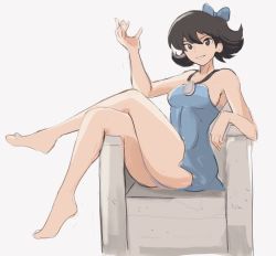 Rule 34 | 1girl, ass, bare arms, bare legs, bare shoulders, barefoot, betty rubble, black hair, blue bow, blue dress, bow, breasts, chair, crossed legs, dress, full body, hair bow, legs, looking at viewer, medium breasts, microdress, no bra, rakeemspoon, ribbon, short hair, simple background, sitting, sleeveless, sleeveless dress, smile, solo, the flintstones, white background