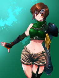 Rule 34 | 1girl, armor, black gloves, blush, breasts, brown eyes, brown gloves, brown hair, brown shorts, buckle, closed mouth, commentary, cowboy shot, crop top, cropped sweater, ekotoba, final fantasy, final fantasy vii, fingerless gloves, foliage, forehead protector, gloves, green background, green sweater, hair between eyes, headband, looking at viewer, medium breasts, midriff, navel, open fly, pauldrons, ribbed sweater, romaji commentary, short hair, shorts, shoulder armor, single bare shoulder, single pauldron, single thighhigh, sleeveless, sleeveless sweater, sleeveless turtleneck, smile, solo, square enix, standing, sweater, thigh gap, thighhighs, turtleneck, turtleneck sweater, yuffie kisaragi