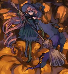 Rule 34 | 1girl, black dress, blue eyes, broom, brown hair, bubble skirt, dress, elbow gloves, gloves, halloween, hat, ichi (ichi.colors), long hair, lowres, original, pantyhose, pocchin, pumpkin, scarf, skirt, solo, witch, witch hat