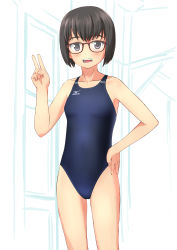 Rule 34 | 1girl, absurdres, bad id, bad pixiv id, black eyes, black hair, black one-piece swimsuit, competition swimsuit, cowboy shot, flat chest, hand on own hip, highres, looking at viewer, mizuno (brand), one-piece swimsuit, open mouth, original, red-framed eyewear, short hair, smile, solo, swimsuit, takafumi, teeth, v, white background